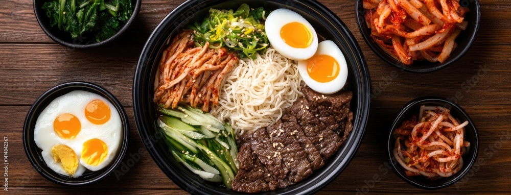 Delight in a close-up of delicious Korean chicken noodles featuring fish sauce, colorful eggs, and fresh lettuce in natural light