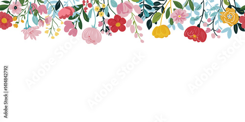Collection of spring colorful flower elements vector. Floral boarder of wildflower, leaf branch, foliage on white background. Hand drawn blossom illustration for decor, easter, sticker, clipart