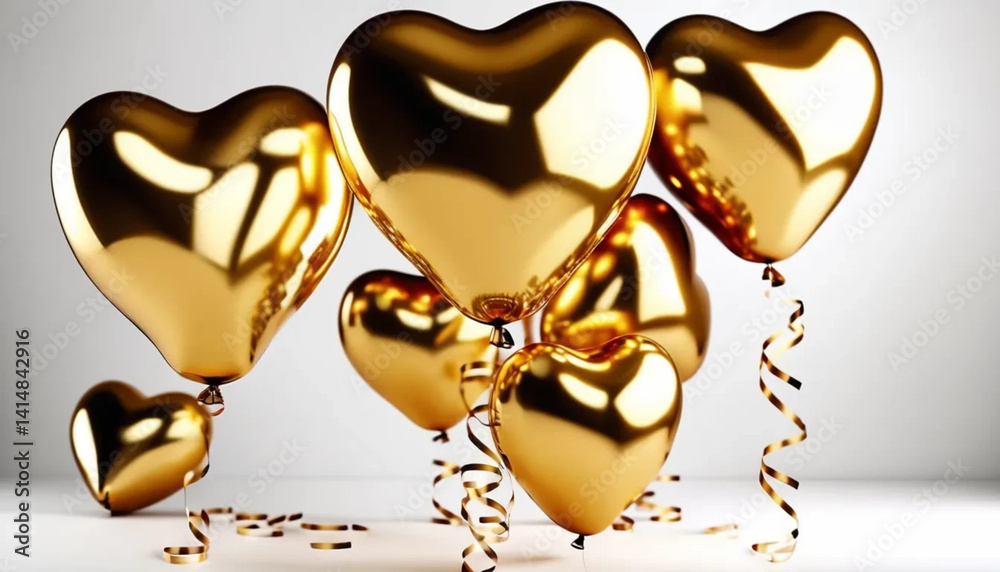 Golden heart shaped balloons as a background.