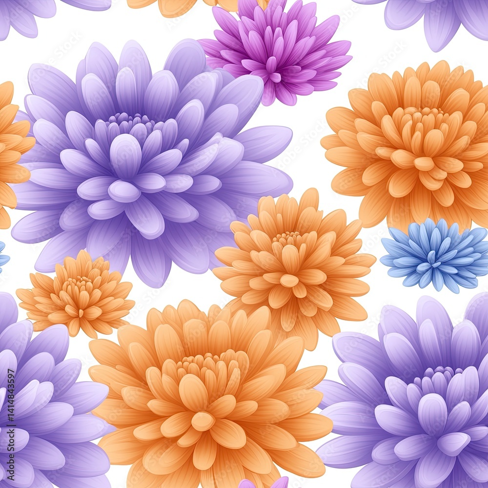 This pattern showcases vibrant Japanese-style daisy flowers in blue, purple, pink, orange, and yellow against a white background SEAMLESS PATTERN