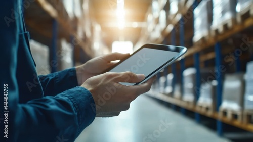 Warehouse employee uses tablet to manage inventory in a well-organized storage facility during daylight hours
