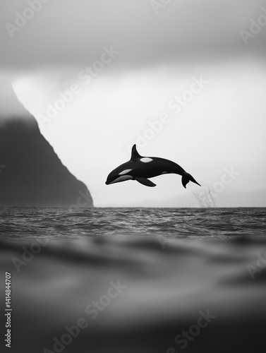 Black and white photograph of a killer whale jumping out of the water. the whale is in the center of the image, with its body facing towards the right side of the frame. photo