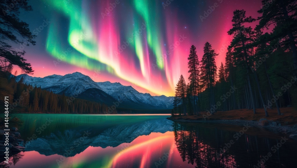 Obraz premium Aurora Borealis Dancing Above Mountain Lake With Forest and Reflection