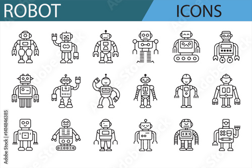 Futuristic Robot Icon Set Featuring Humanoid and Drone Designs