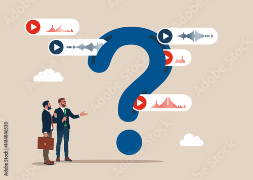From the question mark fly out many voice messages and sound waves. Lot of questions.  FAQ concept. Flat vector illustration.