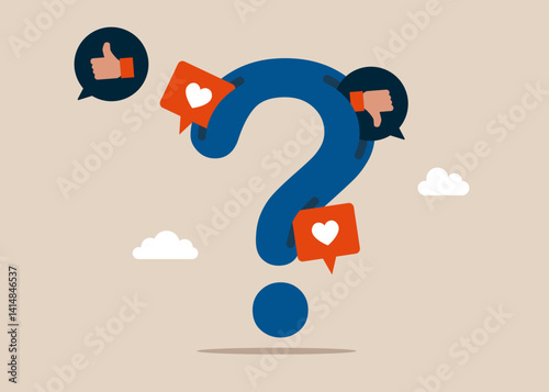 From the question mark fly out many social media positive and negative feedback vision. Social media communication. Modern vector illustration in flat style.