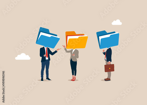 Businesspeople with a folder instead of a head on shoulders. Leadership skill or trust on work responsibility. Organize document files into archive folders. Have lively discussion. Productive dialogue