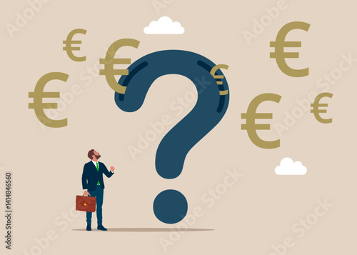 From the question mark fly out many euro signs.  Long term investment return, retirement pension fund. Currency. Modern vector illustration in flat style