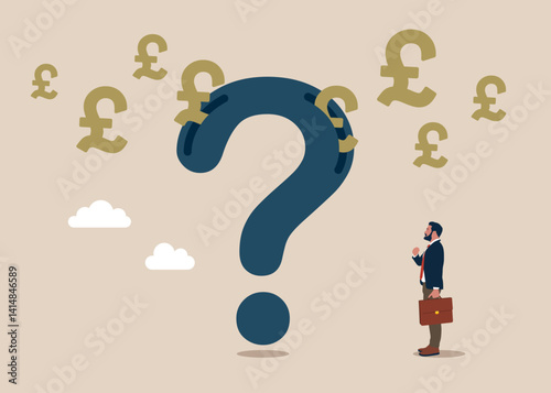 From the question mark fly out many pound sterling signs. Business strategy, investment, wealth, management, marketing. British money. Currency. Modern vector illustration in flat style