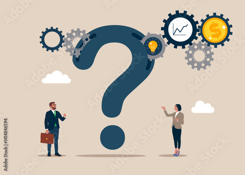 From the question mark fly out many gear cogs. Effort and time to make money, success long term investment, deadline effect to make people finish work concept. Modern vector illustration in flat style