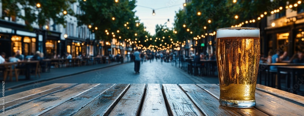 Pint of beer sits on a wooden table, surrounded by warm lights and greenery in a bustling outdoor bar atmosphere