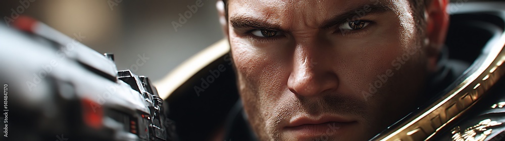 Naklejka premium Close-up, intense male character, futuristic