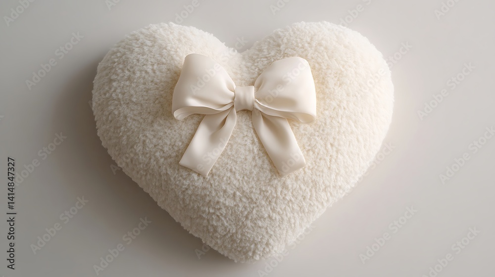 A heart-shaped cushion with a soft plush texture and a bow A heart-shaped cushion with a soft plush texture and a bow