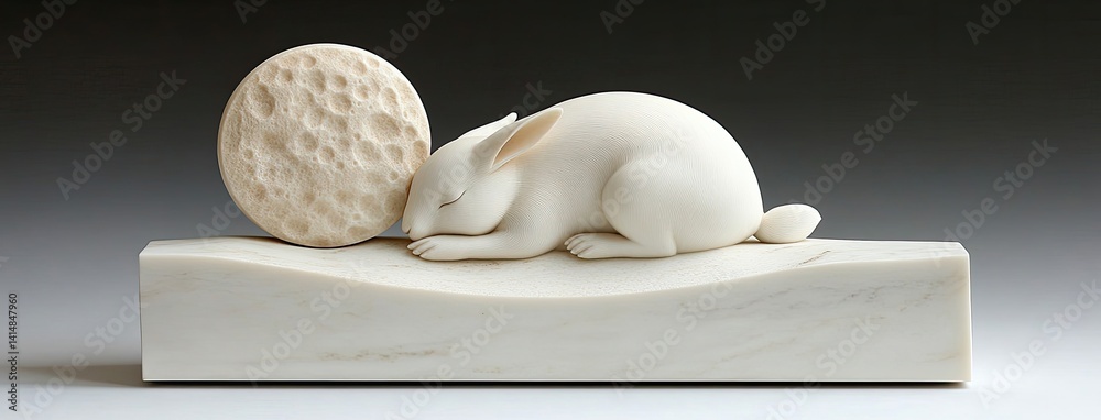 A delightful marble rabbit lantern glows softly, cradling a crescent moon against a serene, elegantly lit background