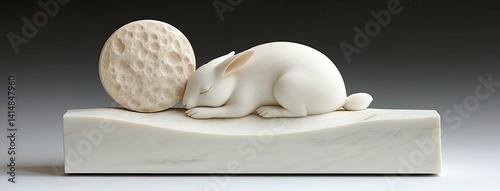 Obraz na płótnie A delightful marble rabbit lantern glows softly, cradling a crescent moon against a serene, elegantly lit background w salonie