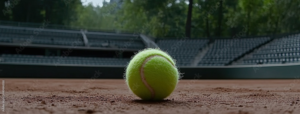 The vibrant yellow tennis ball rests on the clay court, with a blurred stadium backdrop highlighting the thrill of competition