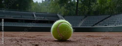 Obraz na płótnie The vibrant yellow tennis ball rests on the clay court, with a blurred stadium backdrop highlighting the thrill of competition w salonie