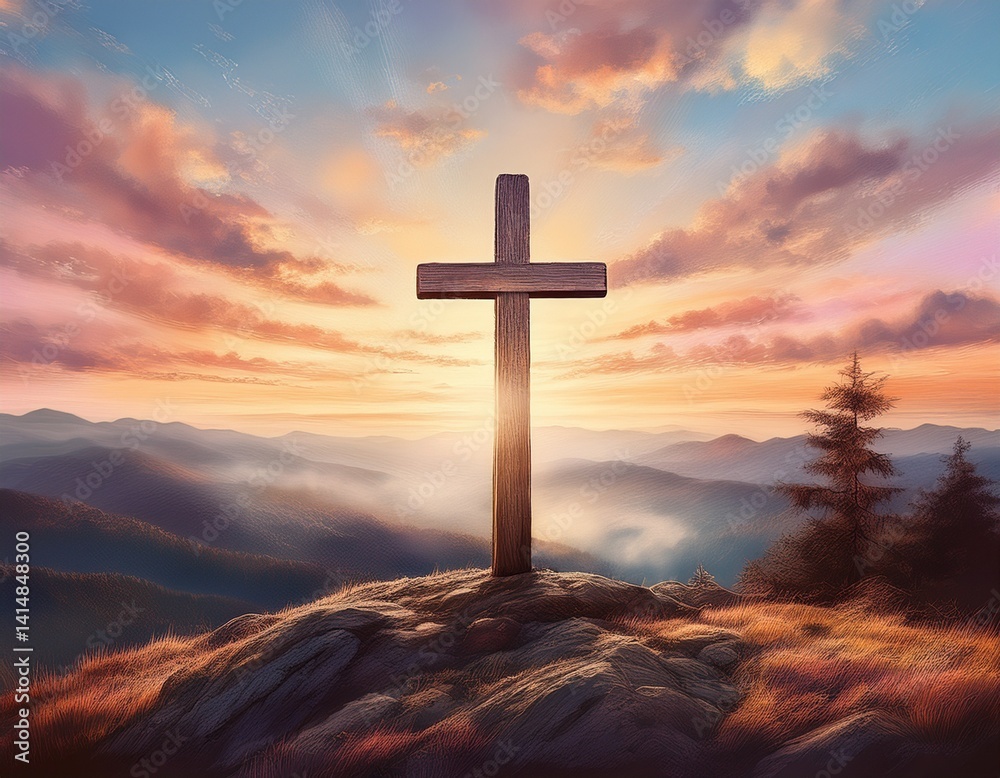 A single wooden cross standing tall on a quiet hilltop, surrounded by soft watercolor skies in pastel pinks and blues at dawn. A single wooden cross standing tall on a quiet hilltop, surrounded by soft watercolor skies in pastel pinks and blues at dawn.
