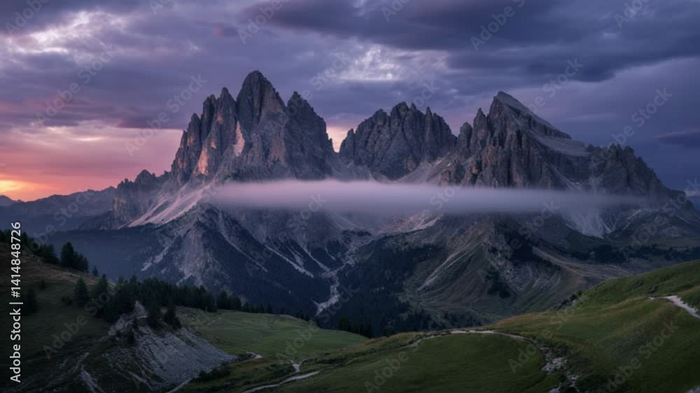 Stunning view of rugged mountain peaks illuminated by soft sunrise light, with a vibrant pink and purple sky. A low cloud layer hovers above a lush green valley with winding paths.