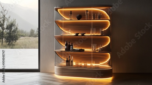 Modern Illuminated Bar Cabinet with Glass Shelves