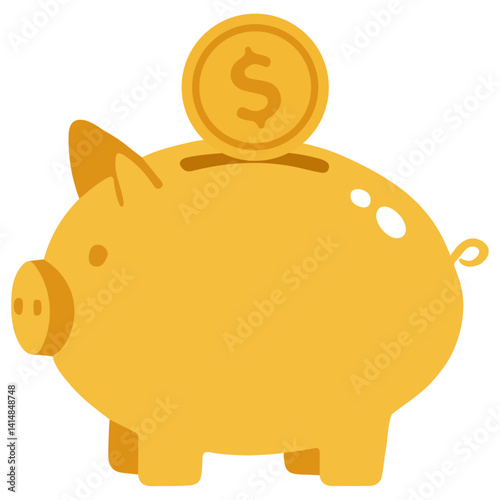 Cute Golden Piggy Bank with Coin – Flat Style Illustration