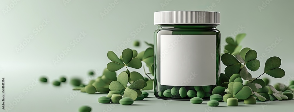 A clean, high-resolution image captures a white jar with a blank label, artistically placed among vibrant clover leaves
