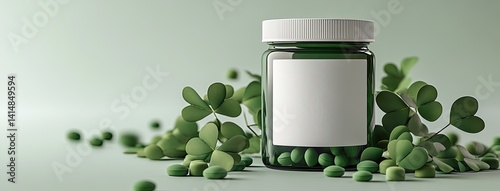 Obraz na płótnie A clean, high-resolution image captures a white jar with a blank label, artistically placed among vibrant clover leaves w salonie