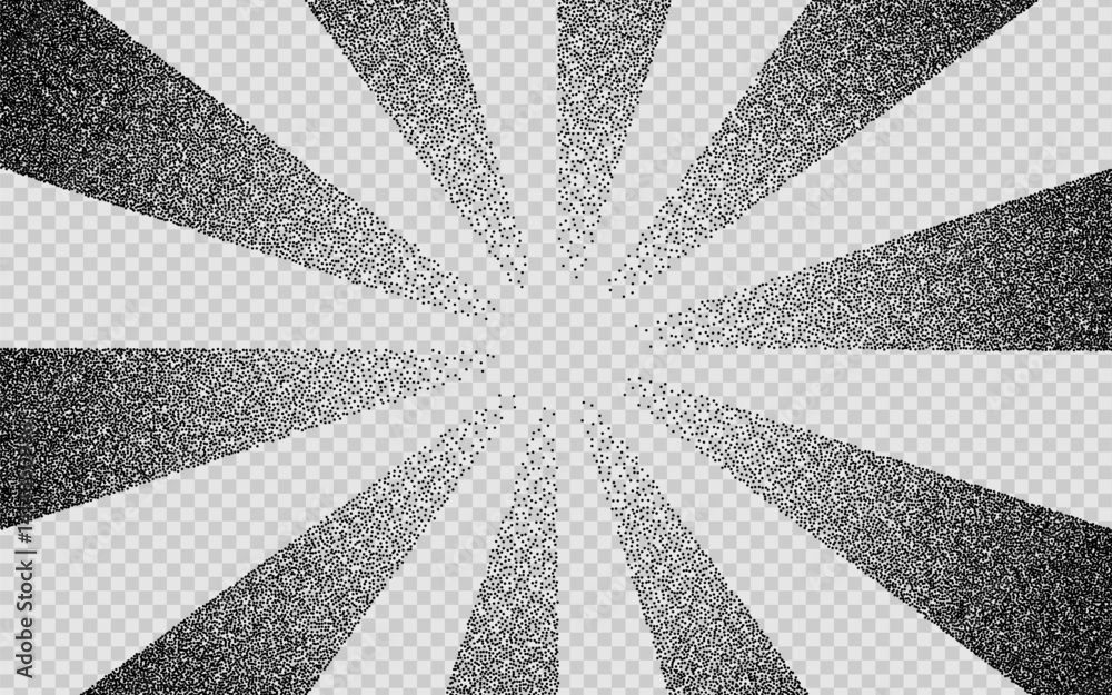 Abstract radial sunburst background made of black stippled rays. Vintage halftone texture with dotted shading, perfect for retro comic or pop art style designs.