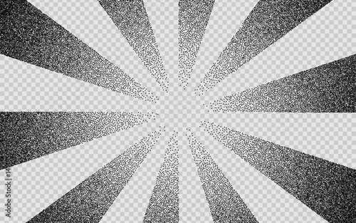 Abstract radial sunburst background made of black stippled rays. Vintage halftone texture with dotted shading, perfect for retro comic or pop art style designs.