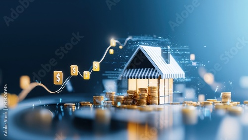 A digital representation of a house surrounded by stacks of coins and money symbols blending finance with technology creating an atmosphere of investment opportunity and growth photo