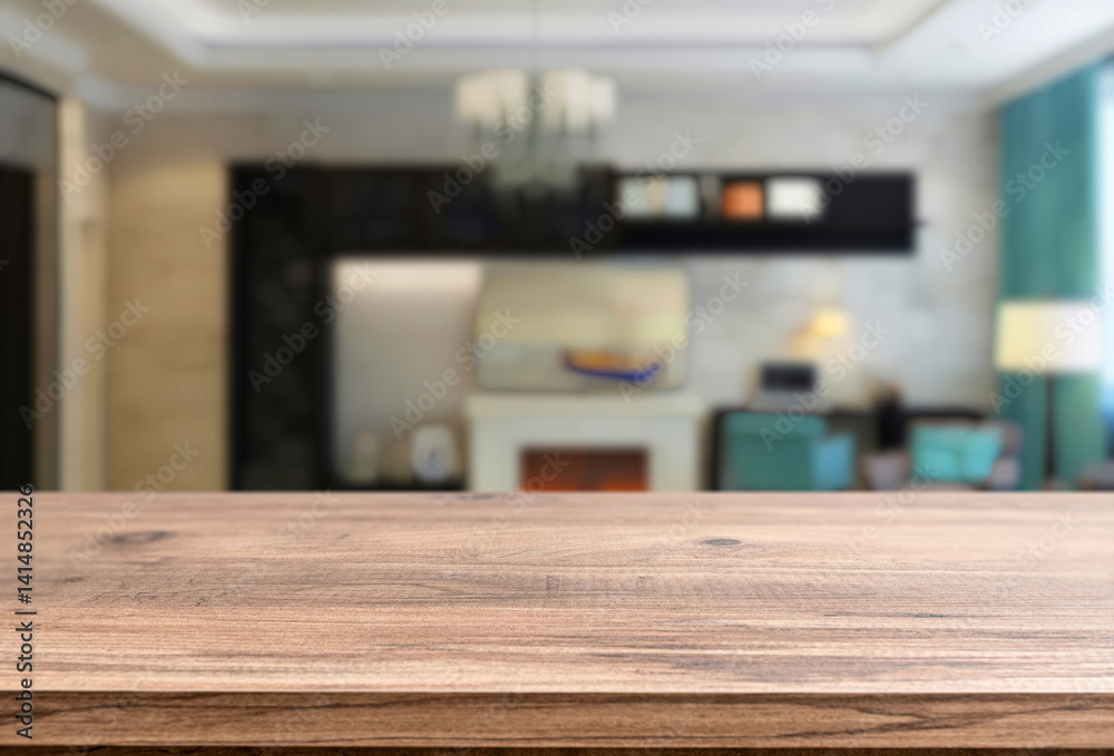 Empty wooden tabletop with blurred modern home interior background for product display Empty wooden tabletop with blurred modern home interior background for product display