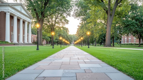 A sun-drenched campus walkway.  Mature trees line a paved path leading to a classical-style building