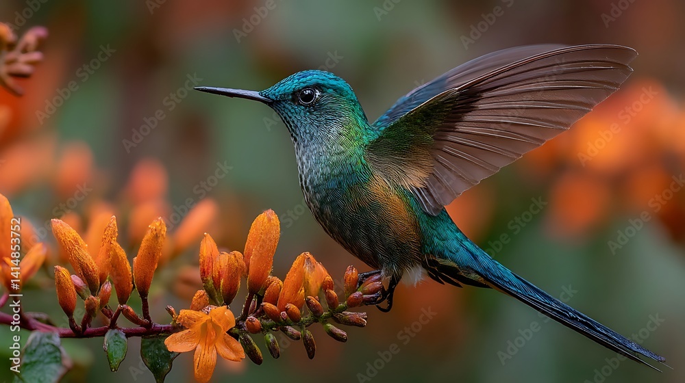 Fototapeta premium A teal hummingbird with its wing spread, perched on a branch with orange flowers