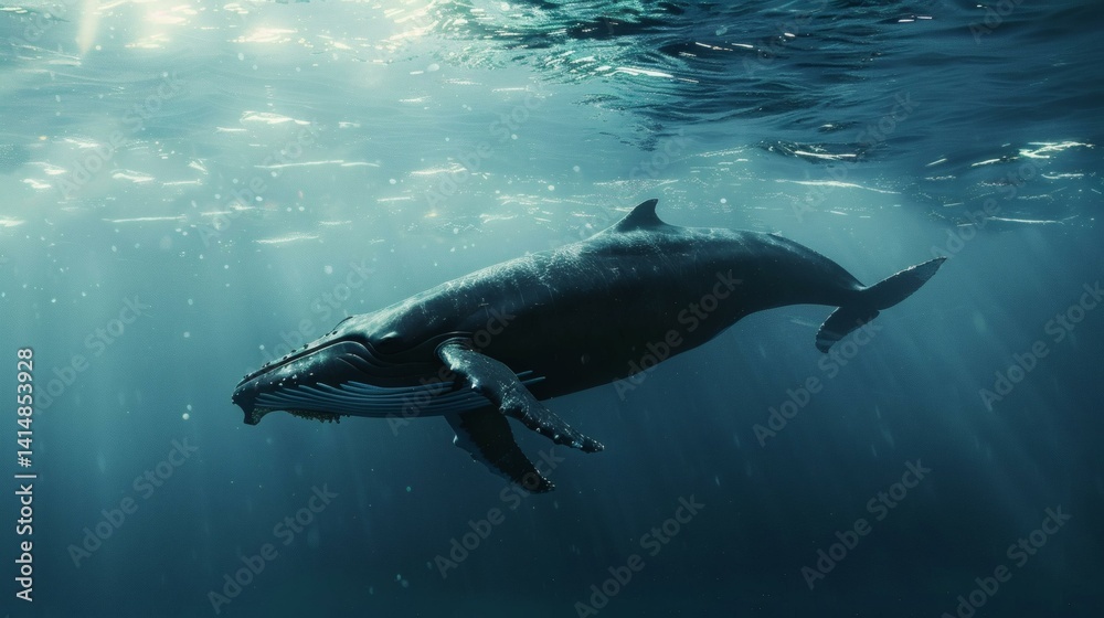 Fototapeta premium Majestic Humpback Whale Gracefully Swimming Underwater in Sunlit Ocean Depths with Reflections and Particles