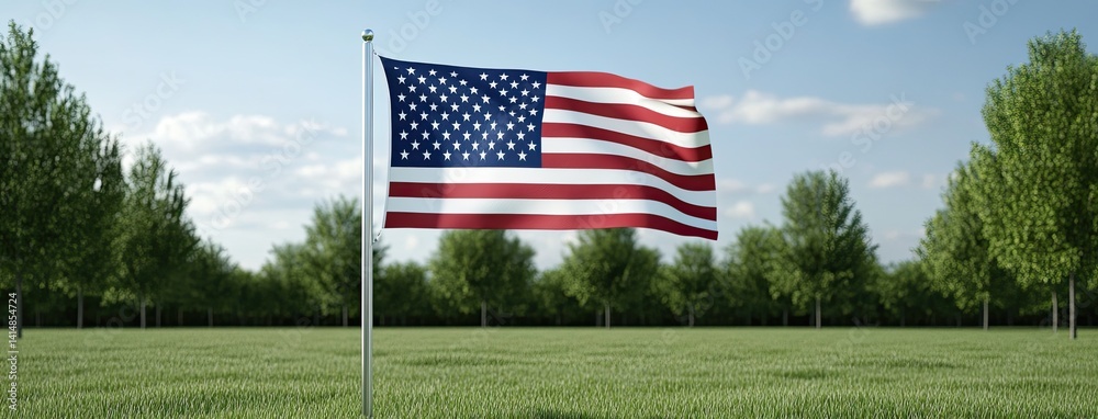 The American flag flies proudly on a pole in a bright blue sky adorned with fluffy, white clouds, showcasing vibrant colors and details