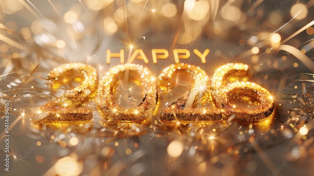 Sparkling Golden New Year 2026 Celebration with Bokeh Lights and Confetti