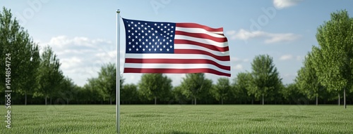 Obraz na płótnie The American flag flies proudly on a pole in a bright blue sky adorned with fluffy, white clouds, showcasing vibrant colors and details w salonie