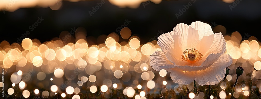 A delicate white poppy flower stands illuminated from behind, showcasing intricate petal details against a dark gradient backdrop