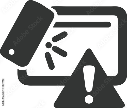 Payment Declined Dark Gray Credit Card with Exclamation Mark on Transparent Background