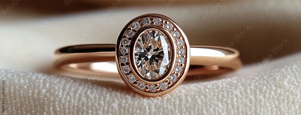 Oval diamond engagement ring on white velvet, featuring rose gold band and accent diamonds, with soft roses in the background
