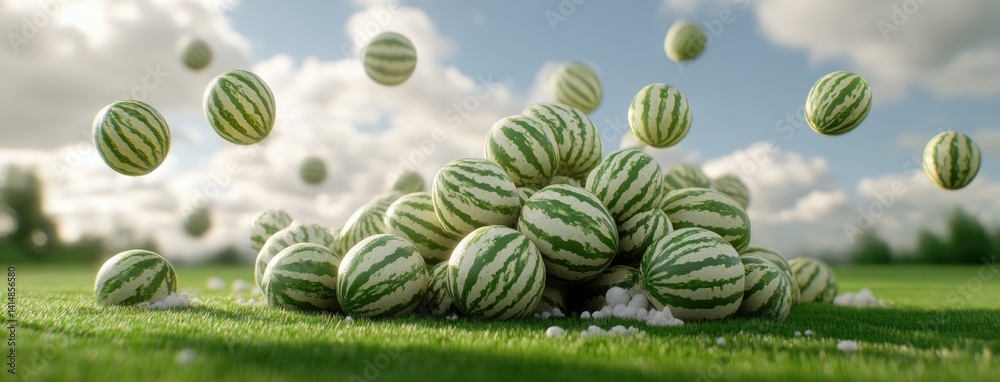 Brightly colored watermelons piled together with striking green and white stripes are displayed beautifully from a bird's eye view