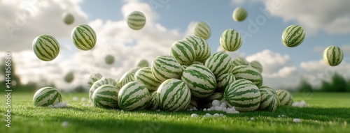 Obraz na płótnie Brightly colored watermelons piled together with striking green and white stripes are displayed beautifully from a bird's eye view w salonie