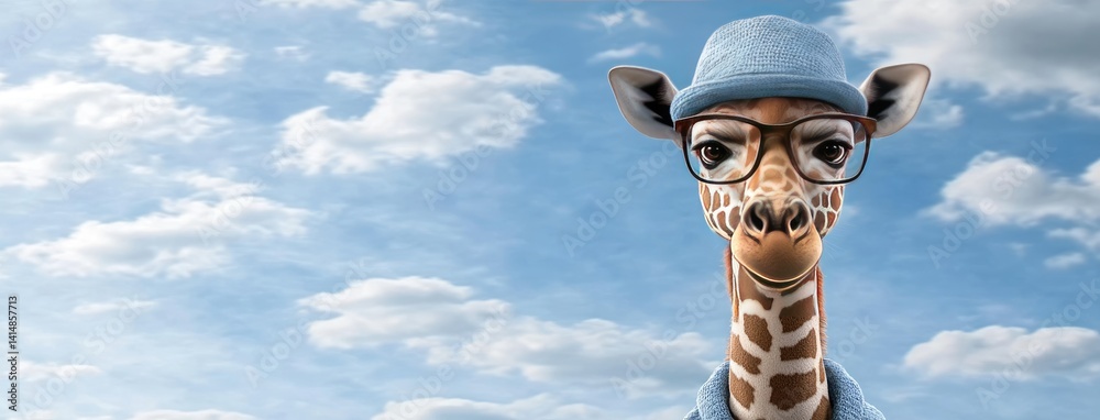 A cute giraffe dressed in glasses and a hat strikes a charming pose, showcasing its playful personality in vibrant detail