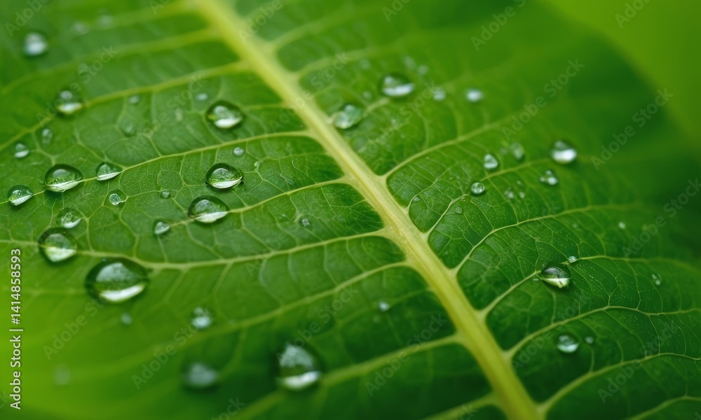 Tranquil Green Leaf Adorned with Dew Drops, Illustrating Natural Freshness Tranquil Green Leaf Adorned with Dew Drops, Illustrating Natural Freshness