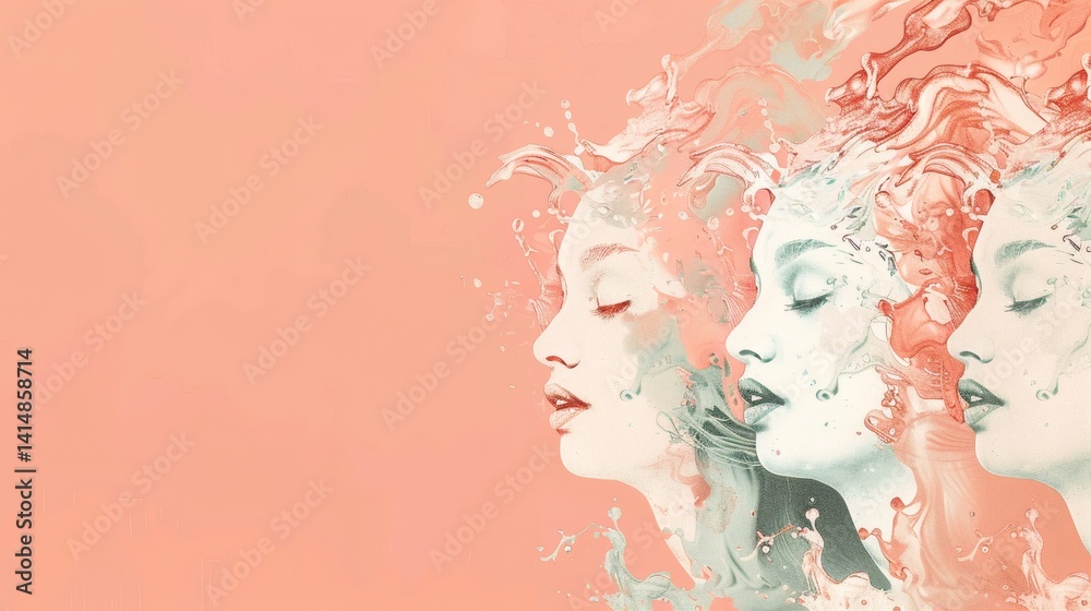 Fototapeta premium Artistic depiction of diverse women in profile, celebrating female empowerment with soft, pastel colors and abstract forms