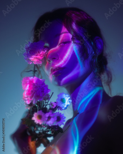 Obraz na płótnie Artistic, captivating portrait of a woman partially illuminated by vibrant neon blue and purple lights, creating intriguing abstract patterns on her face and body. She gently holds delicate flowers w salonie