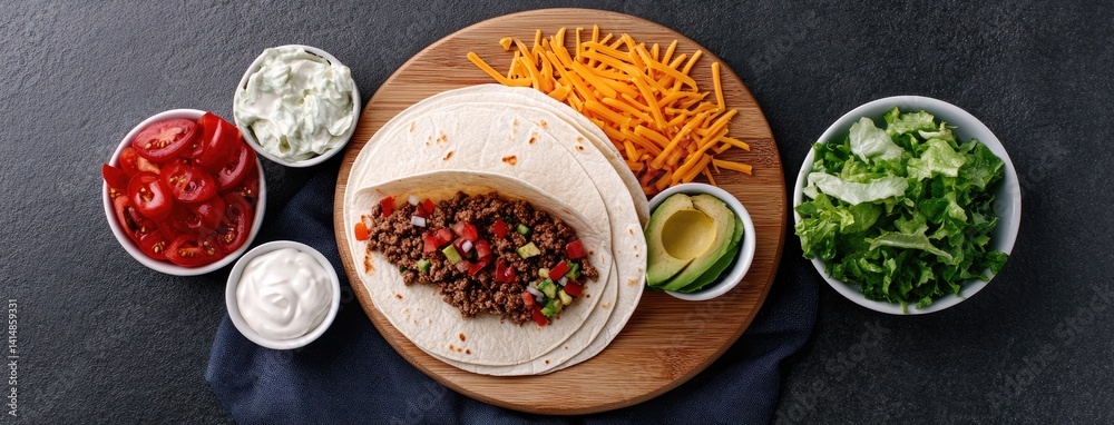 Round wooden board displays fresh taco ingredients: tortillas, beef, guacamole, and vegetables on a dark backdrop