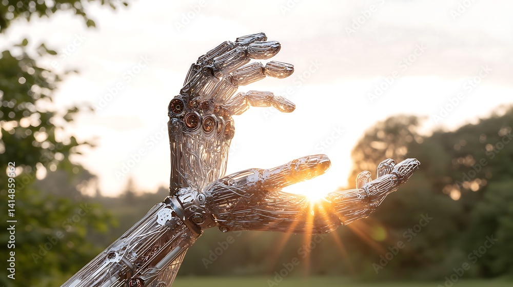 Robot Hands Holding Sunlight Casting a Ray of Hope in the Natural World of the Future World. Robot Hands Holding Sunlight Casting a Ray of Hope in the Natural World of the Future World.