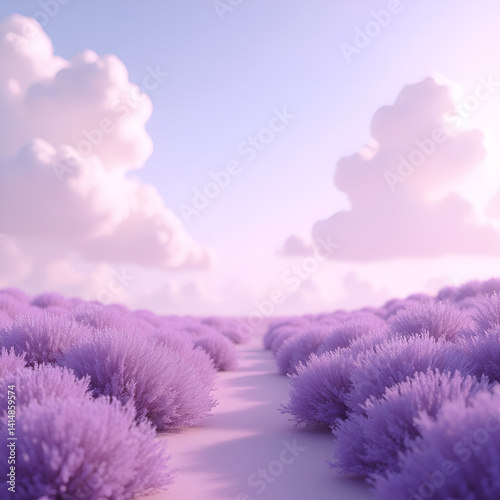 A Landscape of Fluffy  Light Purple Bushes Stretches Out into the Distance. 