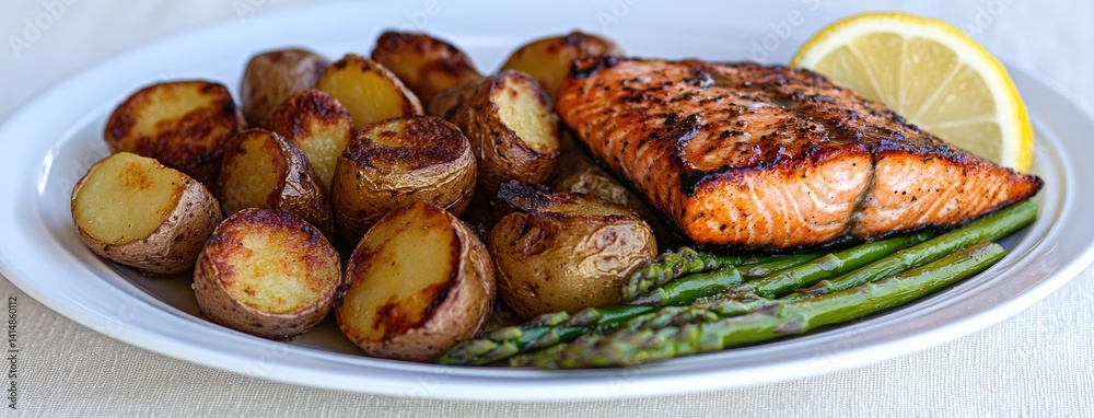 Delicious grilled salmon fillet drizzled with cheddar cheese sauce served on asparagus and baby potatoes showcases culinary art.